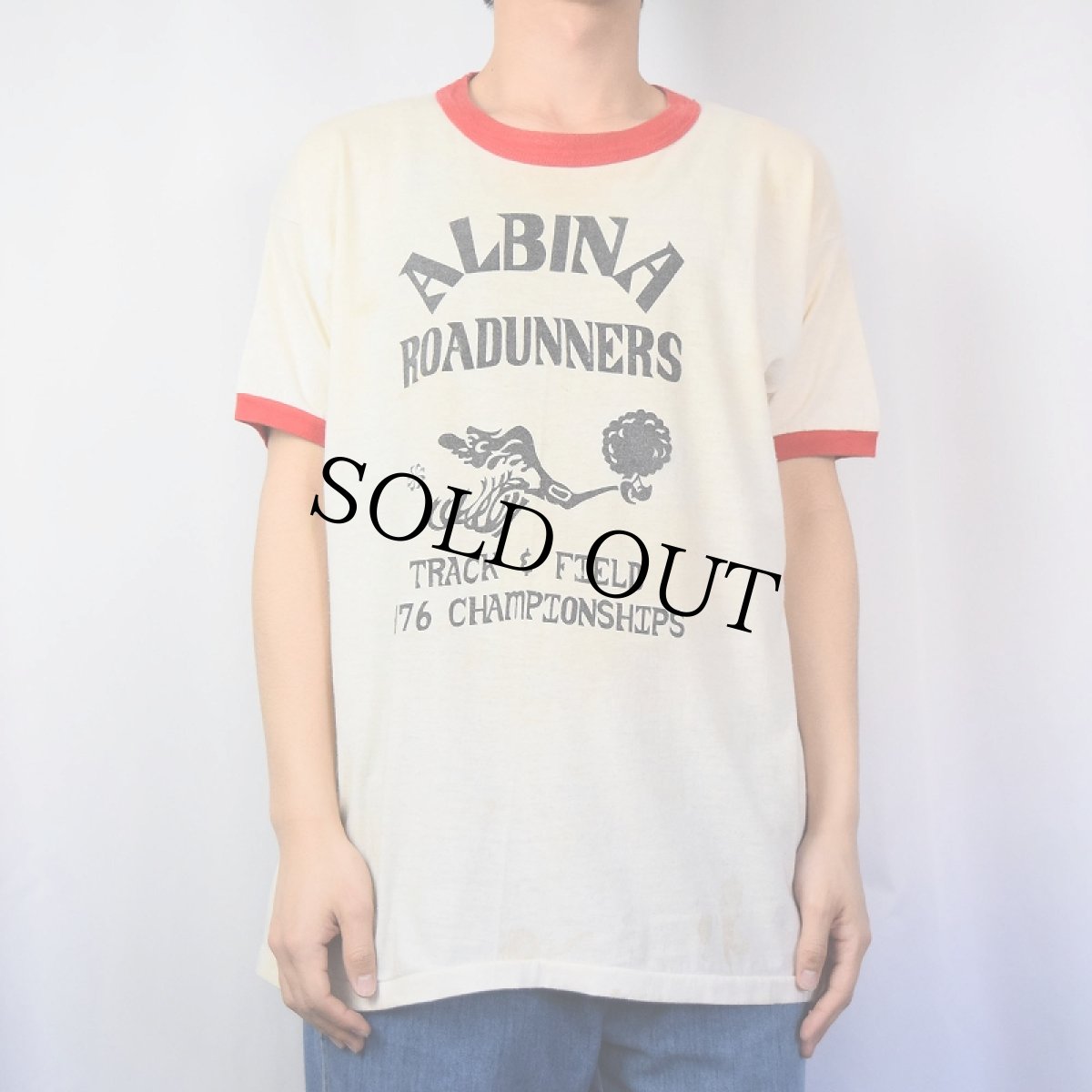 画像2: 70's RUSSEL ATHELETIC 金タグ USA製 "風車NIKE" プリントリンガーTシャツ XL (2)