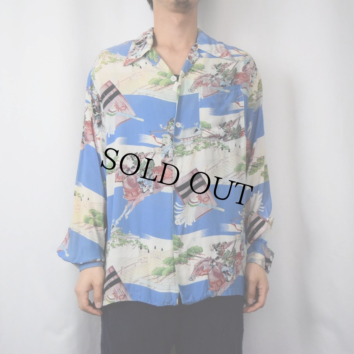 画像3: 40's UNKNOWN Japanese Pattern "チリメン" 長袖ハワイアンシャツ (3)