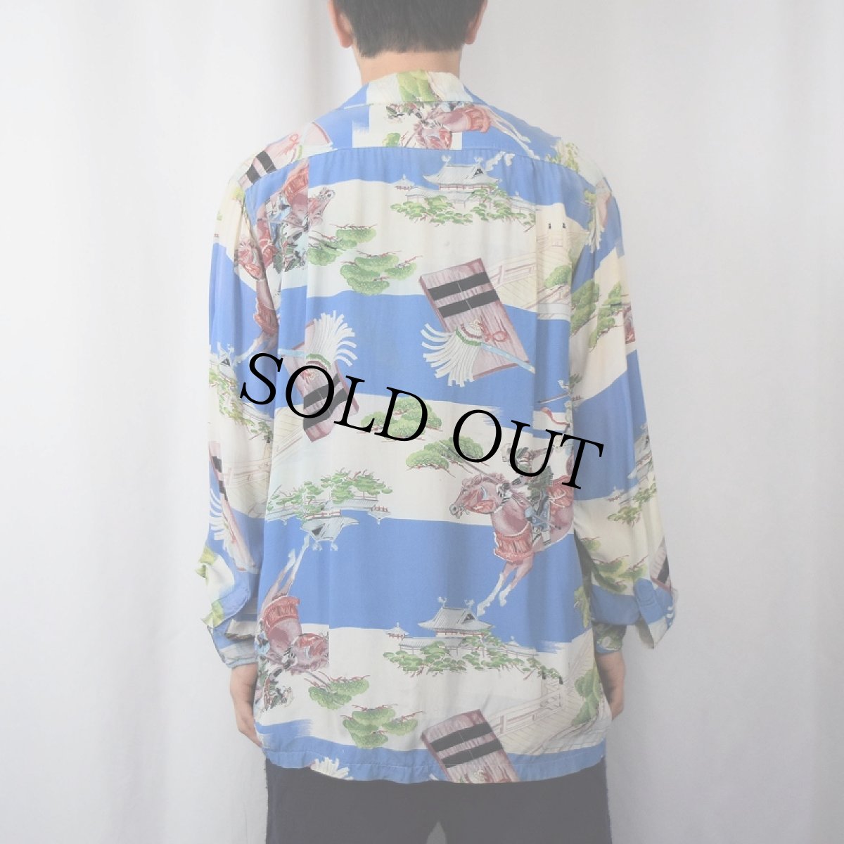 画像4: 40's UNKNOWN Japanese Pattern "チリメン" 長袖ハワイアンシャツ (4)