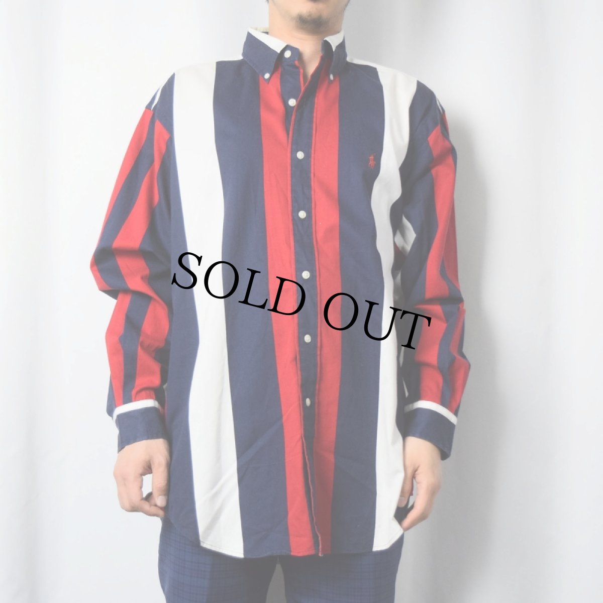 画像2: Ralph Lauren "BLAIRE" ロゴ刺繍 マルチストライプ柄 コットンボタンダウンシャツ M (2)