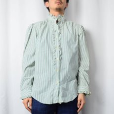 画像2: 【SALE】 70's COUNTRY SOPHISTICATES USA製 マルチストライプ柄 フリルデザイン スタンドカラーシャツ SIZE14 (2)