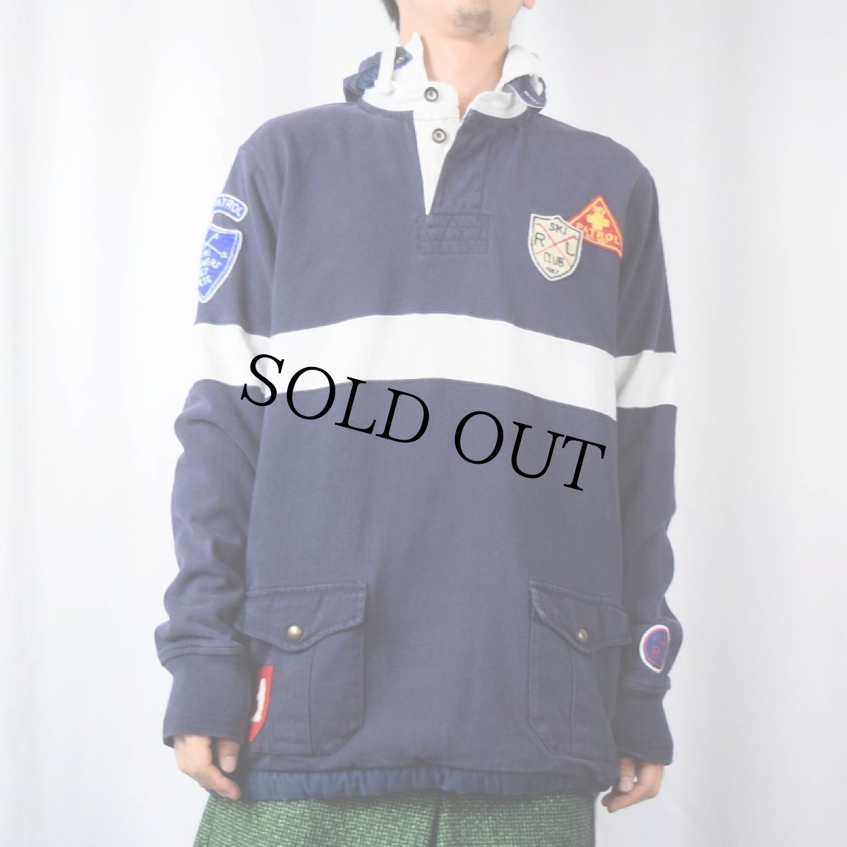 画像2: POLO Ralph Lauren フード&ワッペン付き レイヤードデザイン ラガーシャツ L (2)