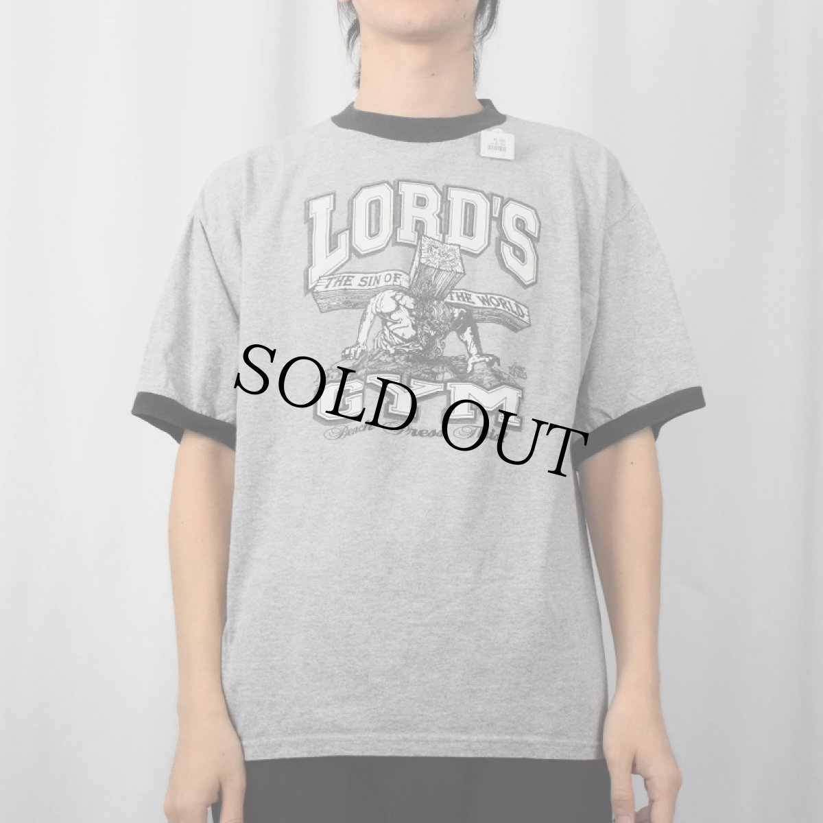 画像3: LORD'S GYM USA製 "HIS PAIN YOUR GAIN" ジーザスパロディリンガーTシャツ L (3)