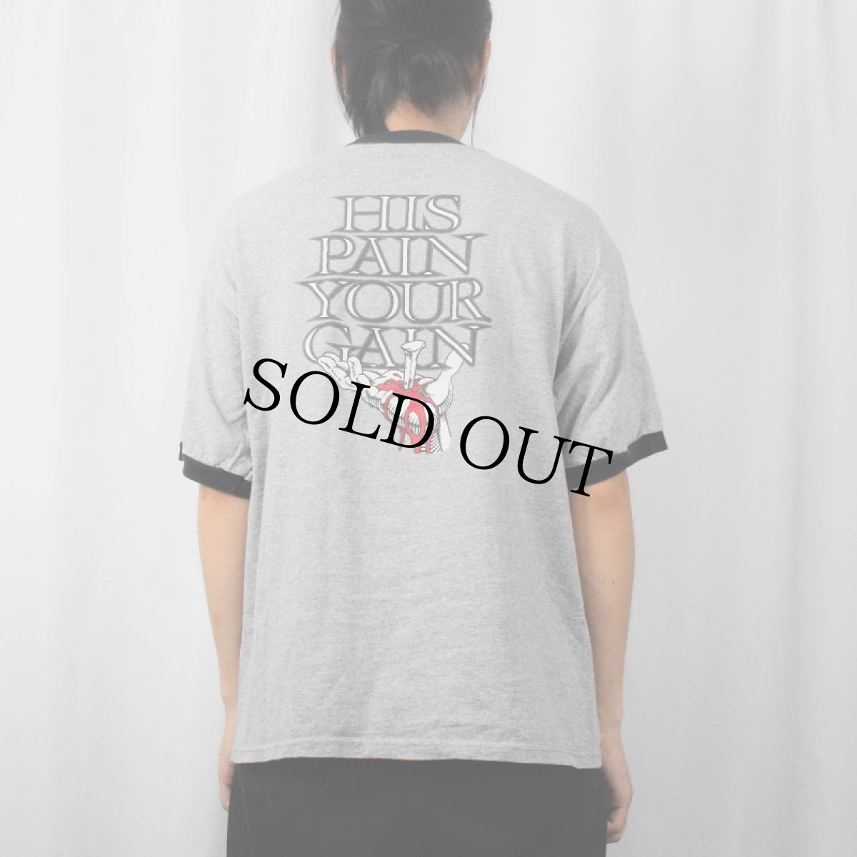 画像4: LORD'S GYM USA製 "HIS PAIN YOUR GAIN" ジーザスパロディリンガーTシャツ L (4)