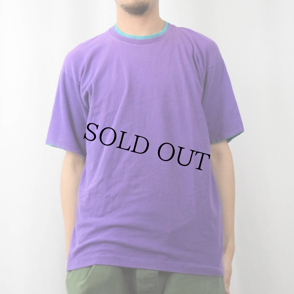 画像2: 90's FRUIT OF THE LOOM USA製 無地 レイヤードデザインTシャツ PURPLE×GREEN L (2)