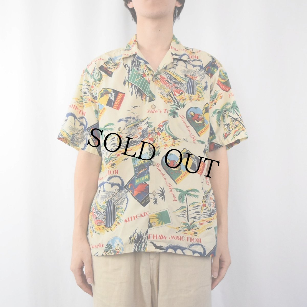 画像2: コットン×ポリエステル オールオーバーパターン アロハシャツ S (2)