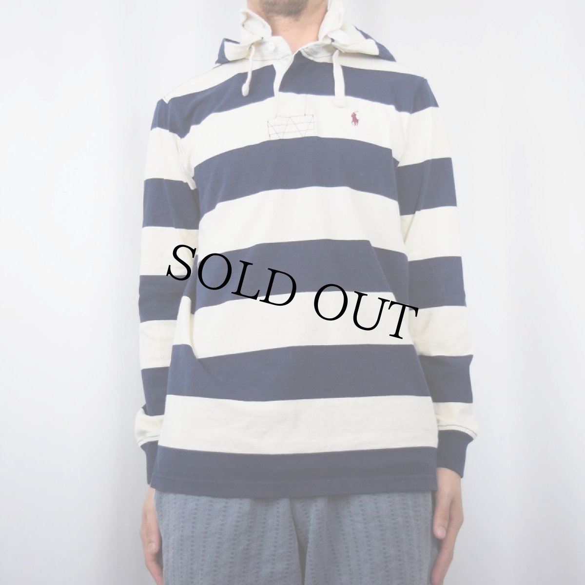 画像2: POLO Ralph Lauren ボーダー柄 フード付き ラガーシャツ S (2)