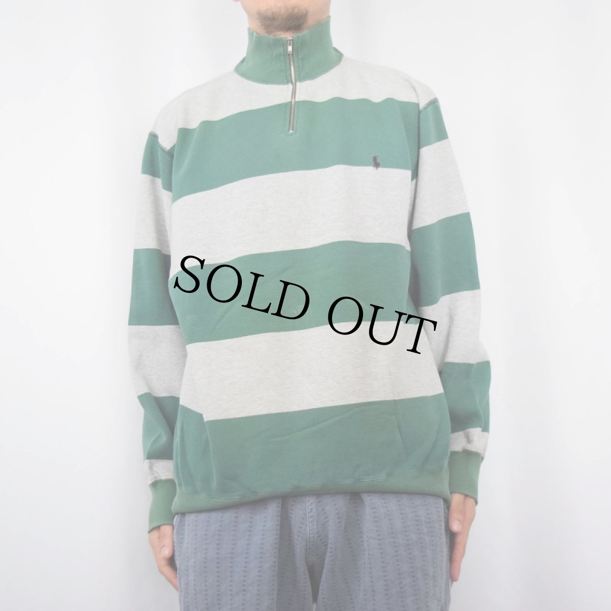 画像2: POLO Ralph Lauren ロゴ刺繍 ボーダー柄 コットン×アクリル ハーフジップスウェット M (2)
