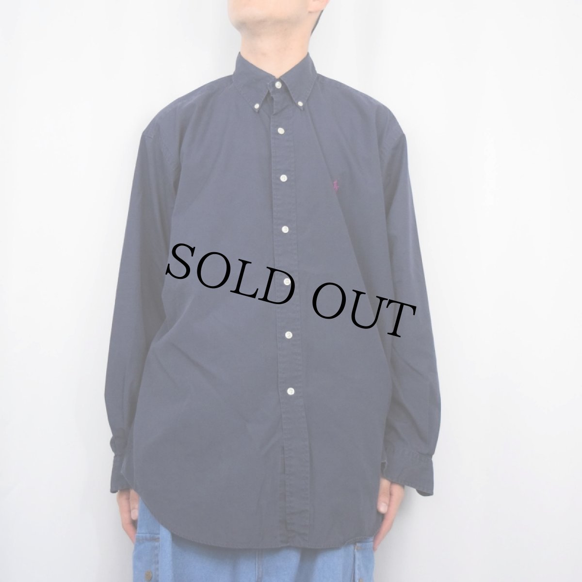 画像2: Ralph Lauren "BLAKE" ロゴ刺? TWO-PLYコットンボタンダウンシャツ NAVY L (2)