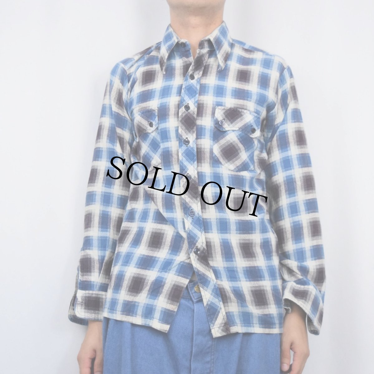 画像2: 70's Monzini by Monticello オンブレーチェック柄 プリントネルシャツ M (2)