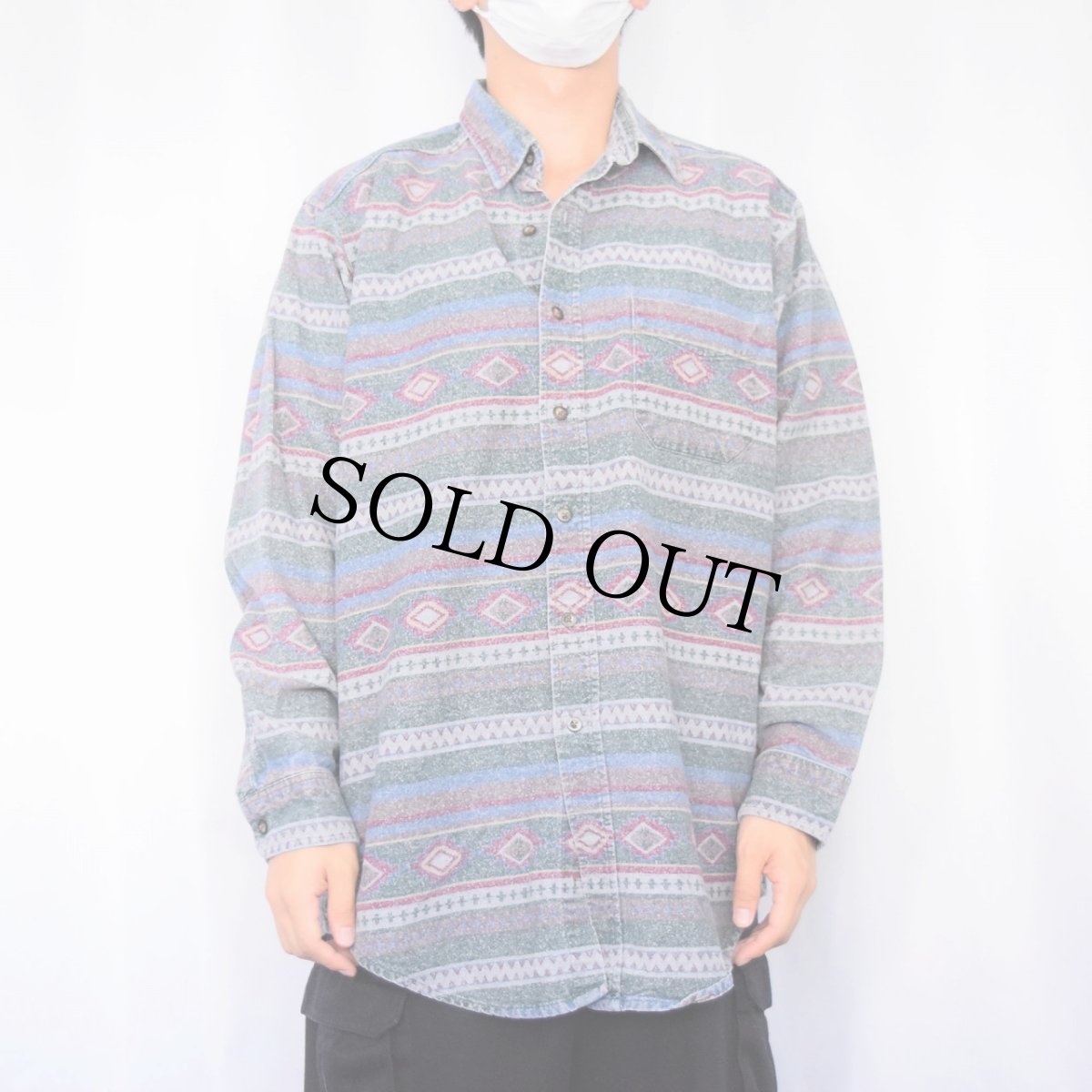 画像2: 80〜90's L.L.Bean ネイティブ柄 シャモアクロス ボタンダウンシャツ (2)