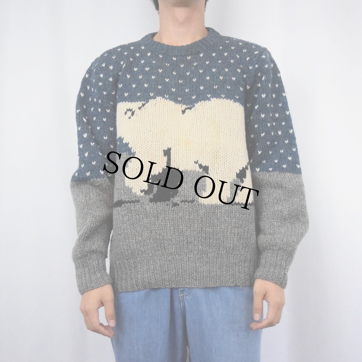 画像2: 80〜90's Woolrich シロクマ×バーズアイ柄 ウールニットセーター M (2)