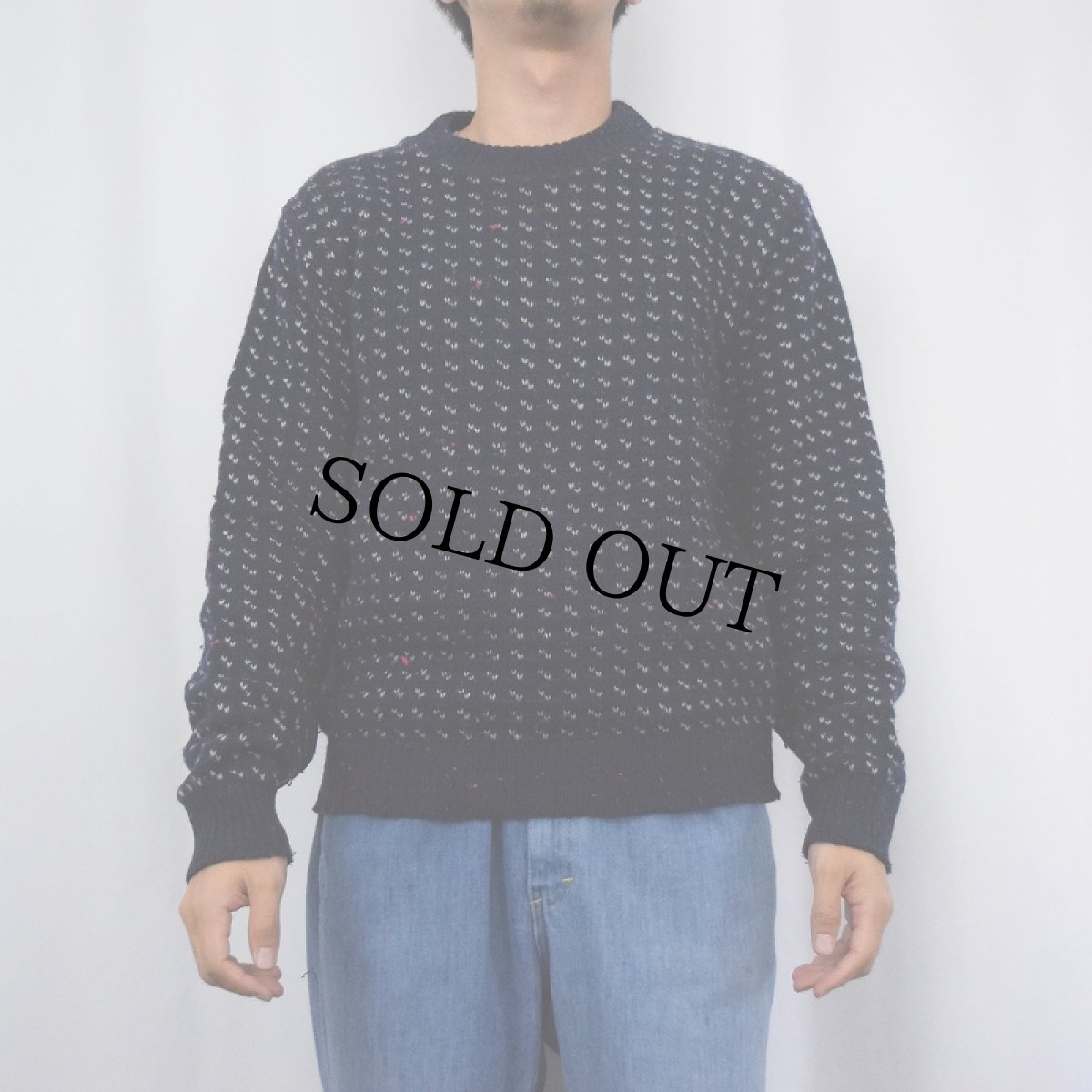 画像2: 80's ALPS バーズアイ柄 ネップ混 ニットセーター NAVY L (2)