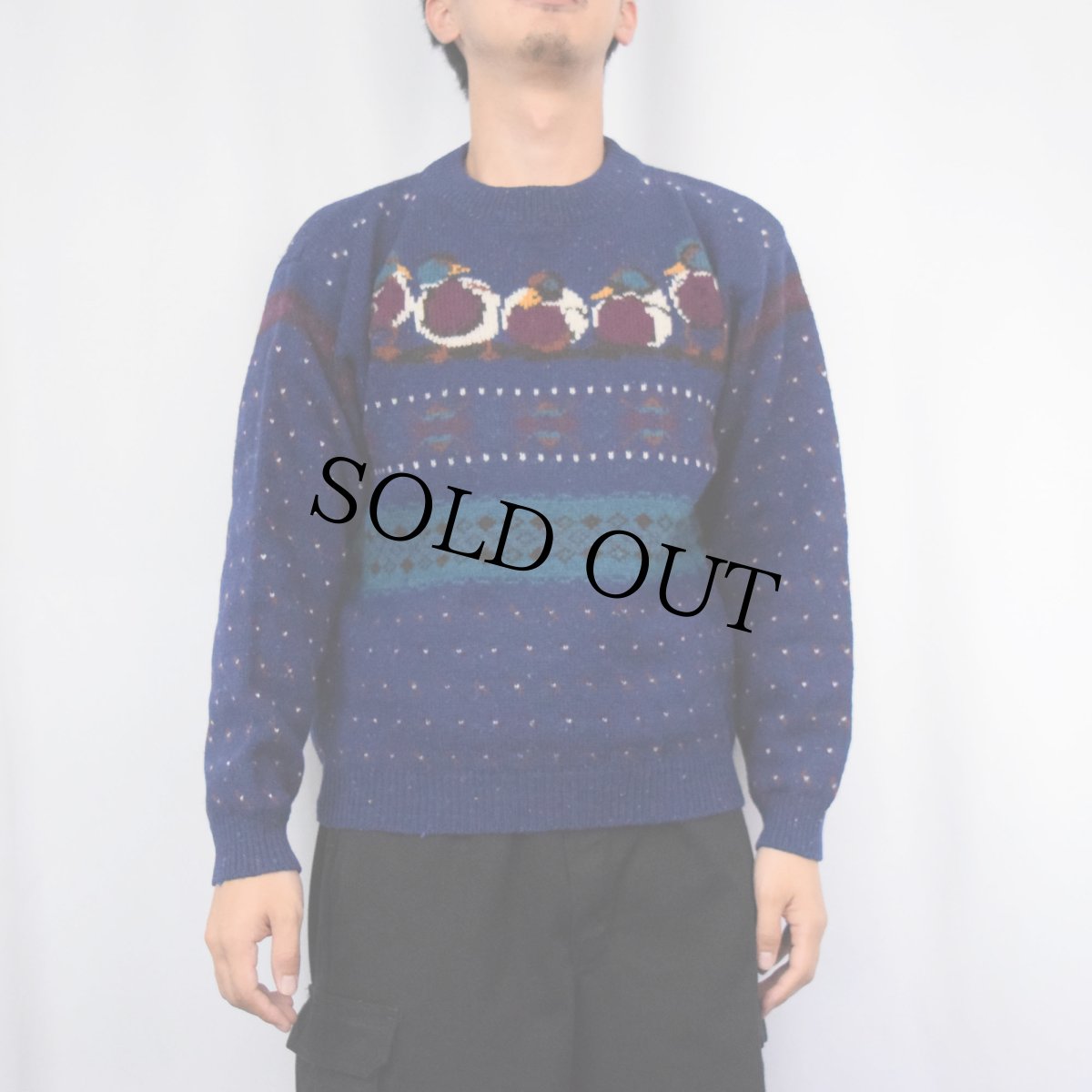 画像2: 80's Woolrich カモ×バーズアイ柄 ウールニットセーター M (2)