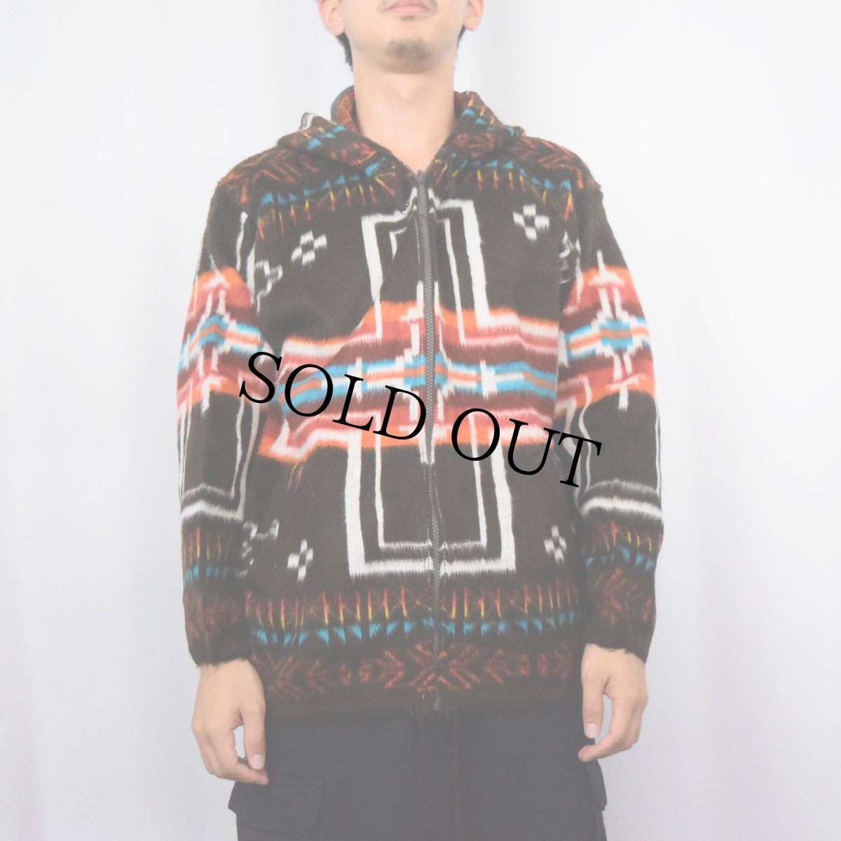 画像2: 〜2000's EARTH RAGZ ECUADOR製 ネイティブ柄 シャギーニットパーカー BROWN M (2)