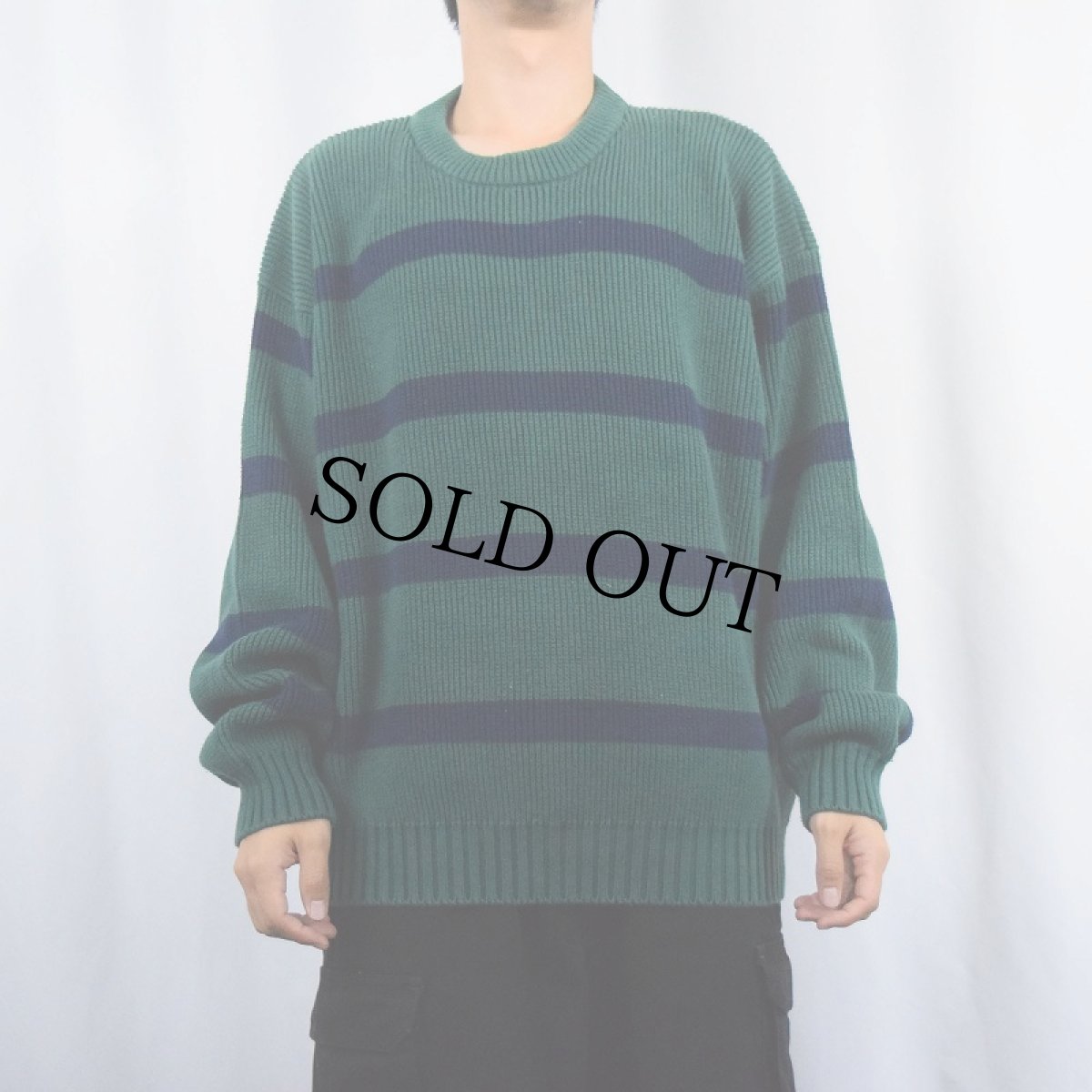 画像2: 90's Eddie Bauer ボーダー柄 コットンニットセーター GREEN XL (2)
