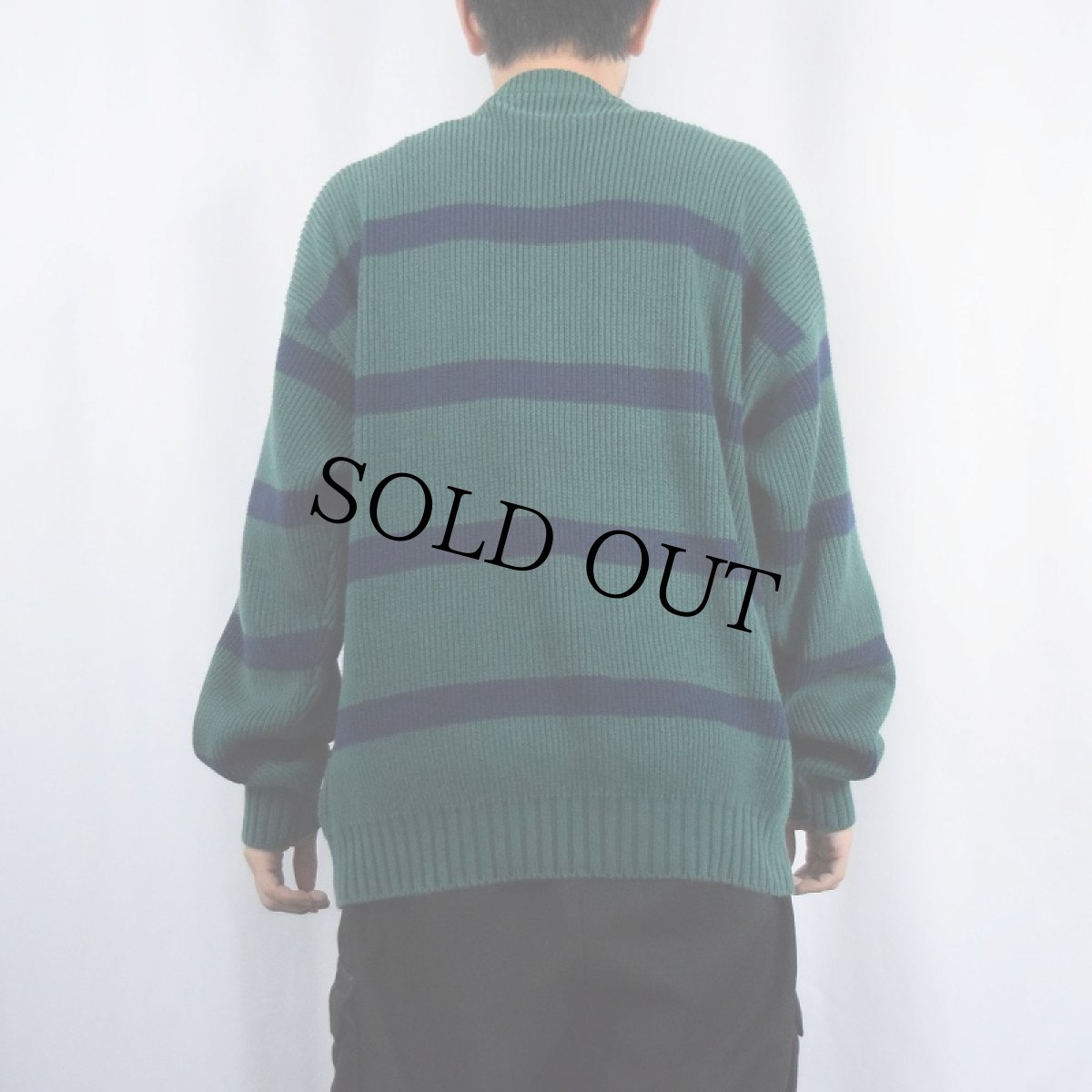 画像3: 90's Eddie Bauer ボーダー柄 コットンニットセーター GREEN XL (3)