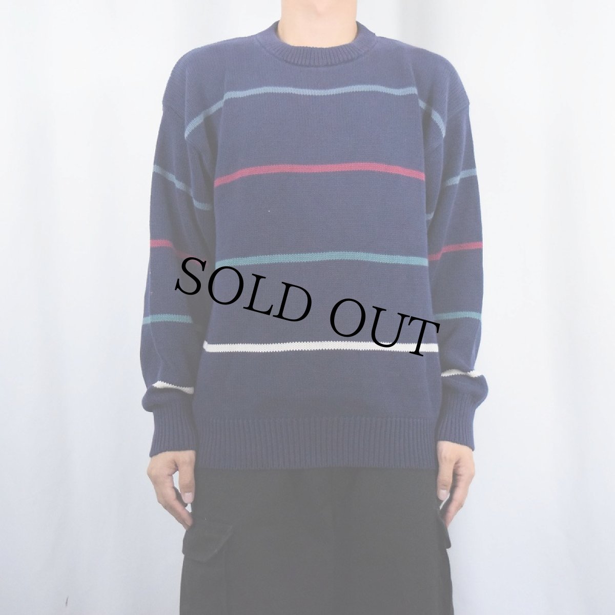 画像2: 90's Eddie Bauer ボーダー柄 コットンニットセーター NAVY M (2)