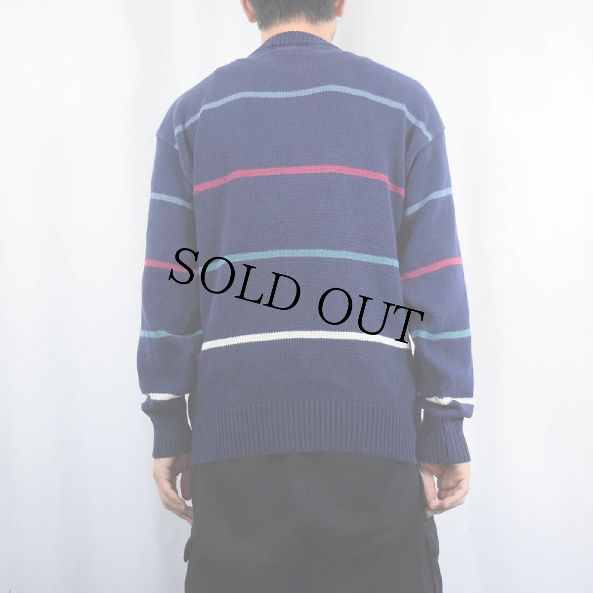 画像3: 90's Eddie Bauer ボーダー柄 コットンニットセーター NAVY M (3)