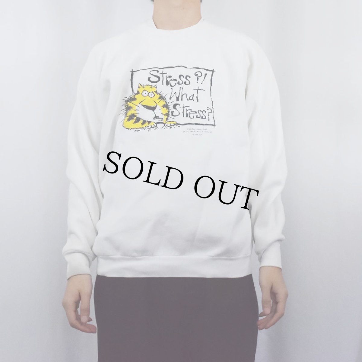 画像2: 90's USA製 "Stress?! What Stress?" シュールイラストプリントラグランスウェット XL (2)