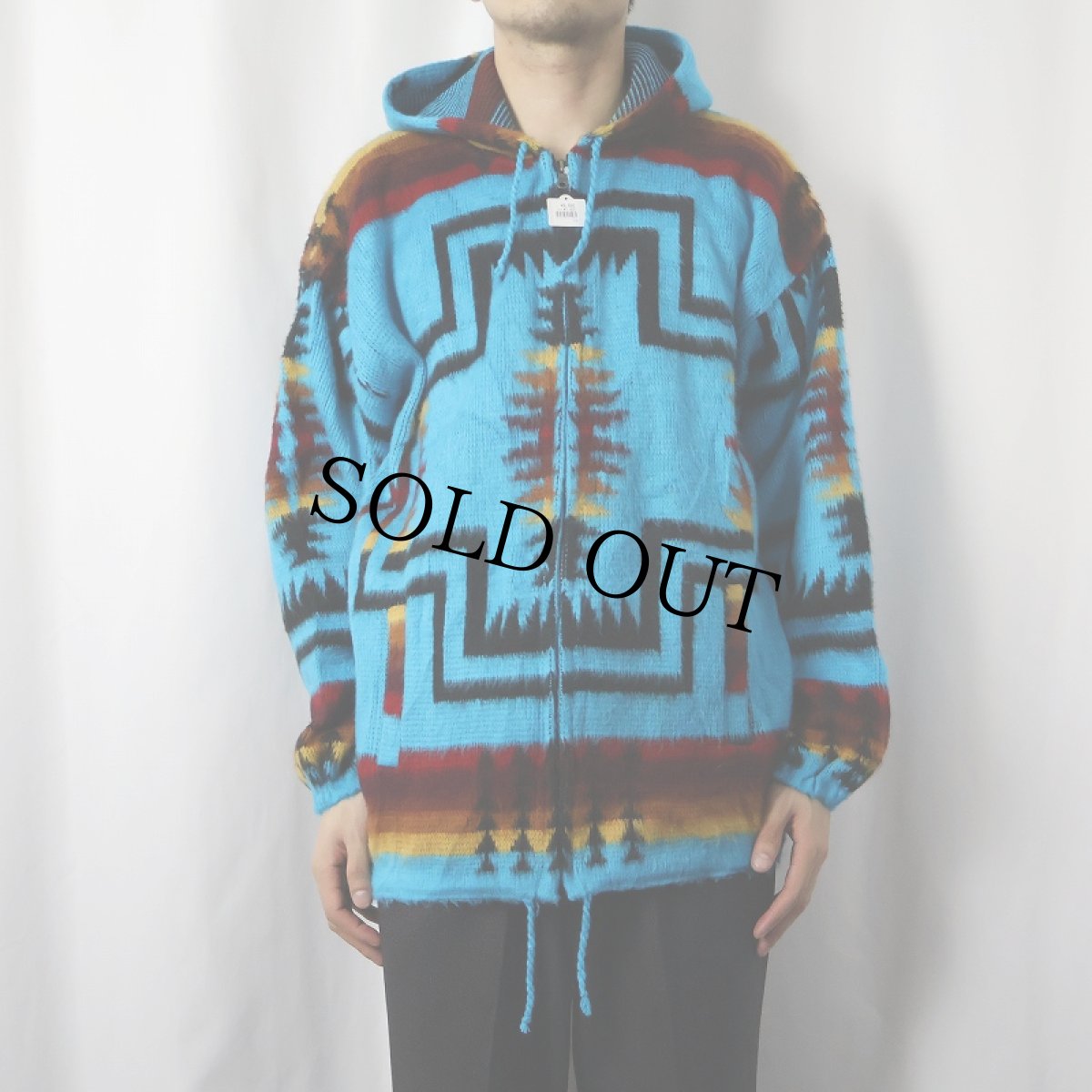 画像2: ネイティブ柄 シャギーニットパーカー L (2)
