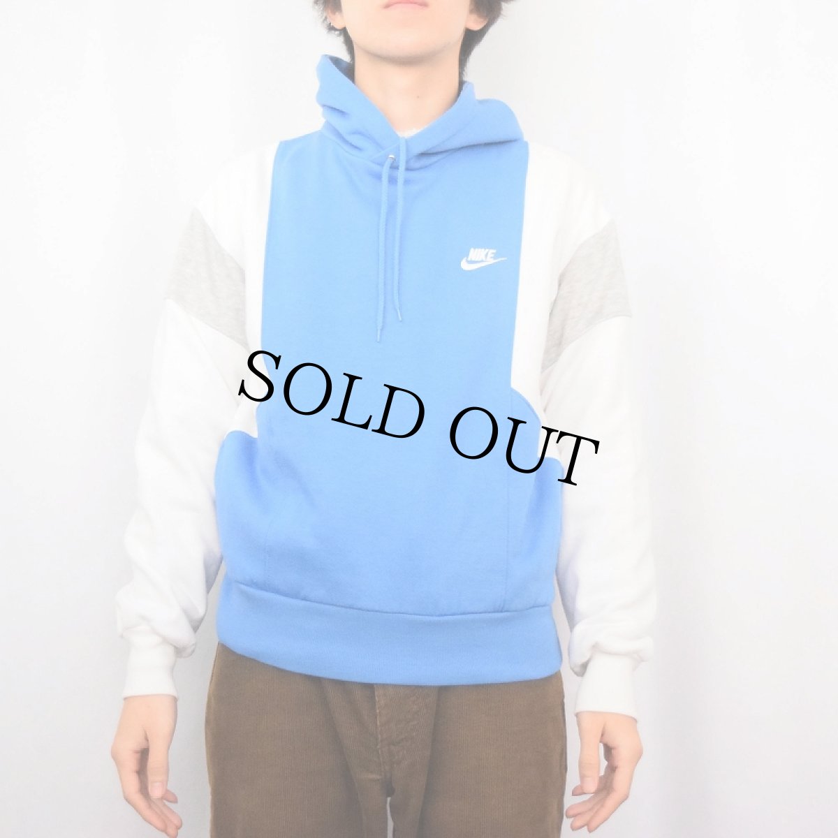 画像2: 80's NIKE 紺タグ ロゴ刺繍 切り替えデザイン スウェットフーディ M (2)