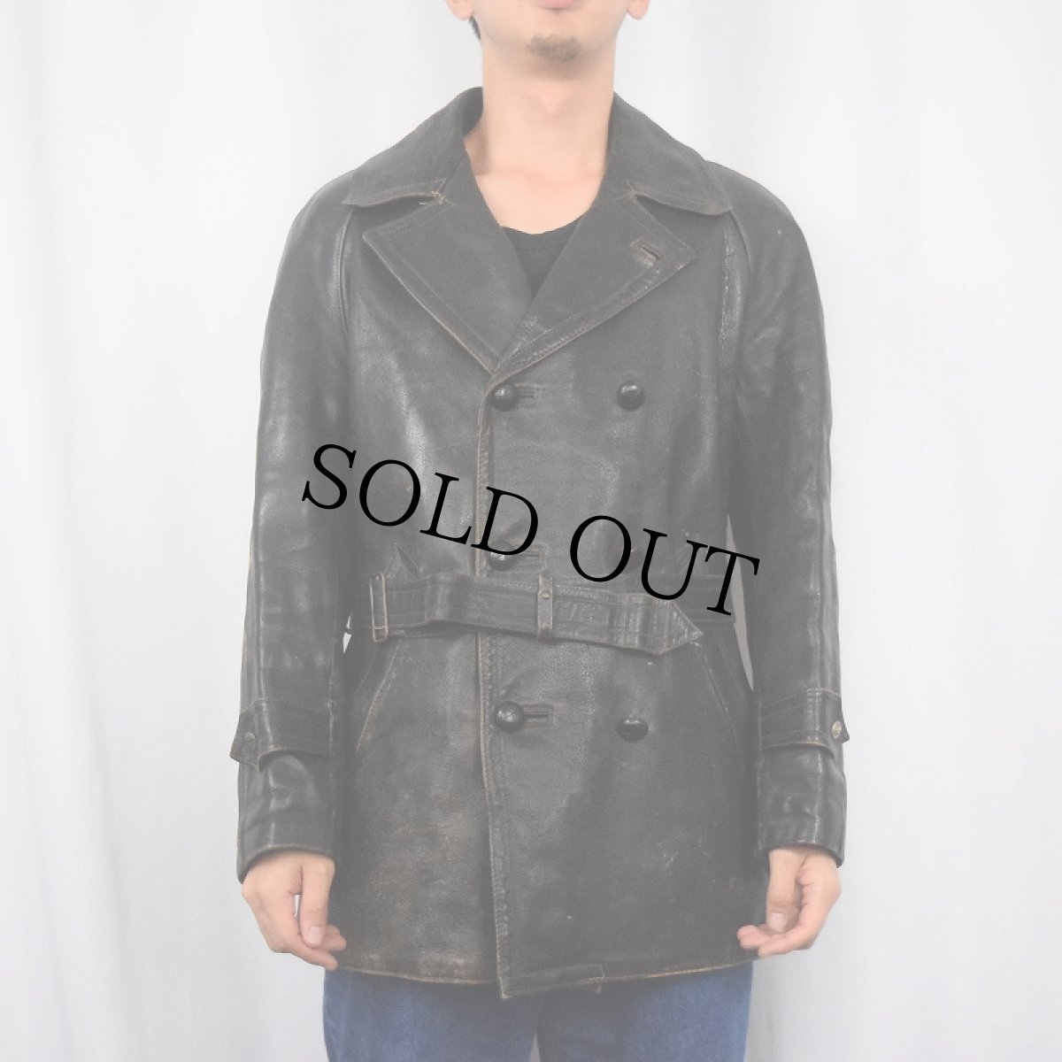 画像2: VINTAGE EURO フレンチ ダブルブレストレザーコート (2)