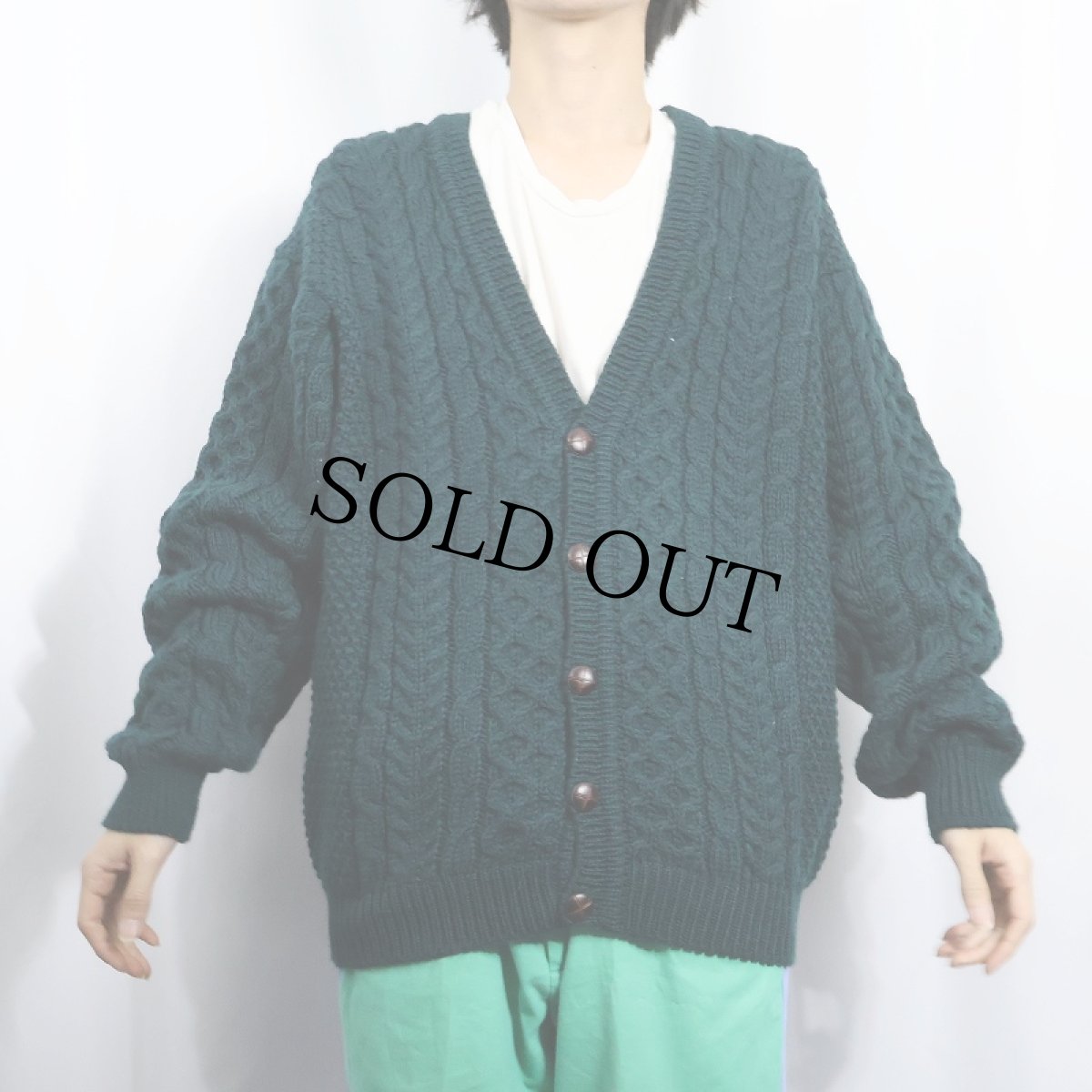 画像2: 80's L.L.Bean IRELAND製 アランニットカーディガン GREEN (2)