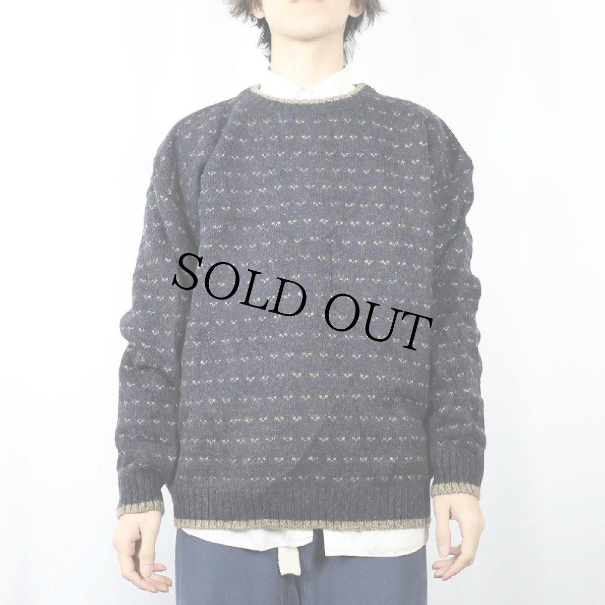 画像2: 90's Woolrich バーズアイ柄 ウールニットセーター NAVY L (2)