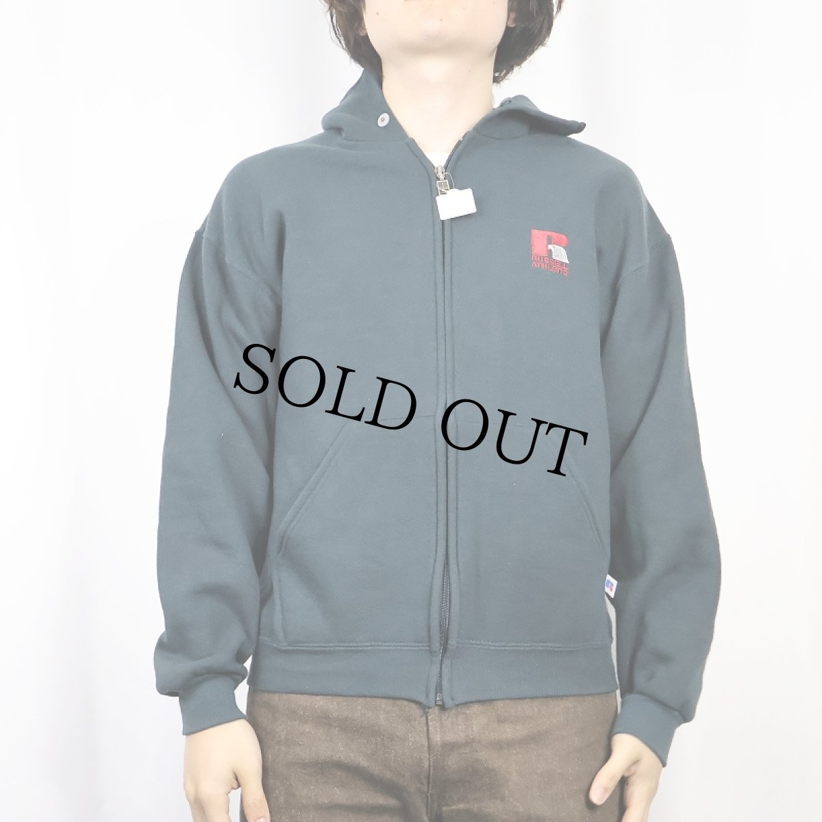 画像2: 90's RUSSELL ATHLETIC USA製 ロゴ刺繍 スウェットジップジャケット DARK GREEN L (2)