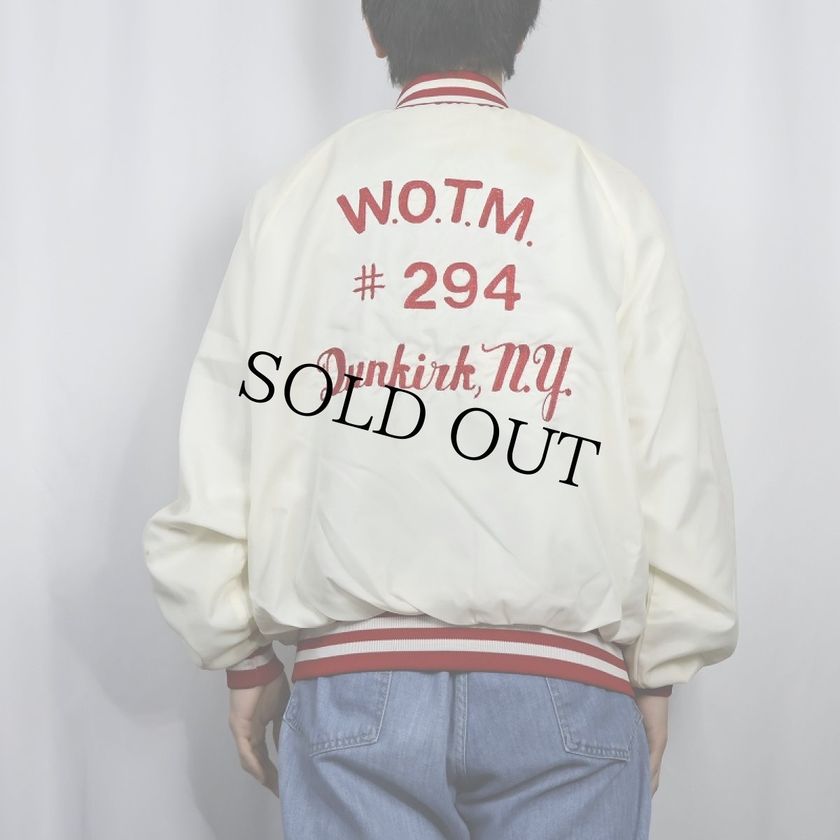 画像4: 80's King Louie USA製 "W.O.T.M. #294 Dunkirk,NY" チェーン刺繍 ナイロンスタジャン L (4)