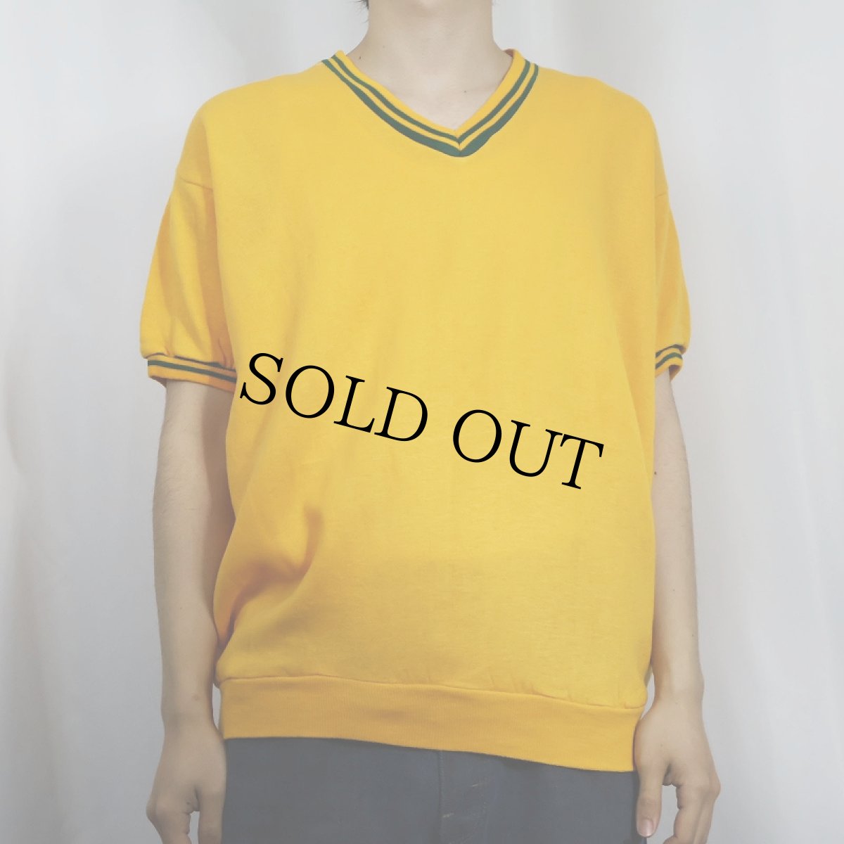 画像2: 70's TOWNCRAFT Penneys CRESLAN ACRYLIC リブボーダー Vネック 半袖スウェット XL (2)