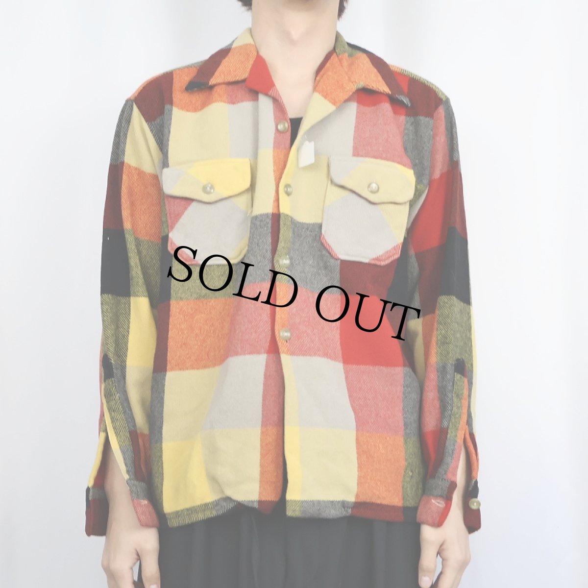 画像2: 60's Drayton ブロックチェック柄 オープンカラーウールシャツ L (2)