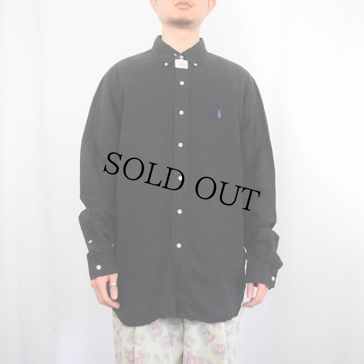 画像2: Ralph Lauren "CLASSIC FIT" ロゴ刺繍 シルク×リネン ボタンダウンシャツ BLACK L (2)