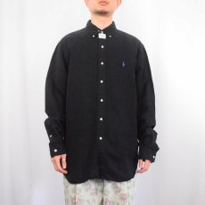 画像2: Ralph Lauren "CLASSIC FIT" ロゴ刺繍 シルク×リネン ボタンダウンシャツ BLACK L (2)