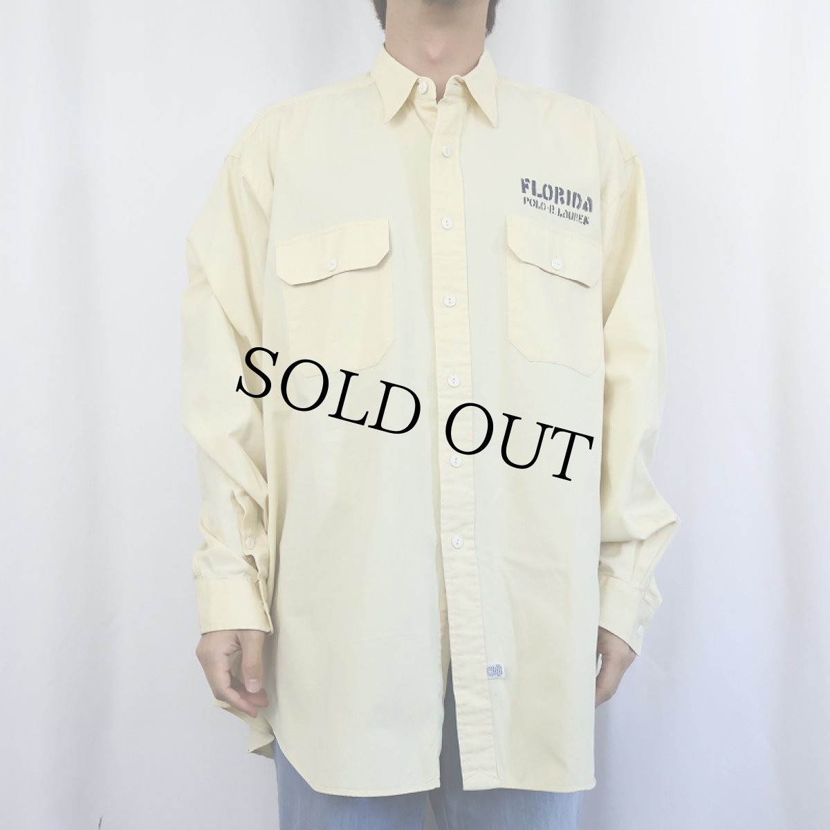 画像2: 90's POLO Ralph Lauren "FLORIDA" 猫目ボタン ステンシル入り コットンシャツ XL (2)