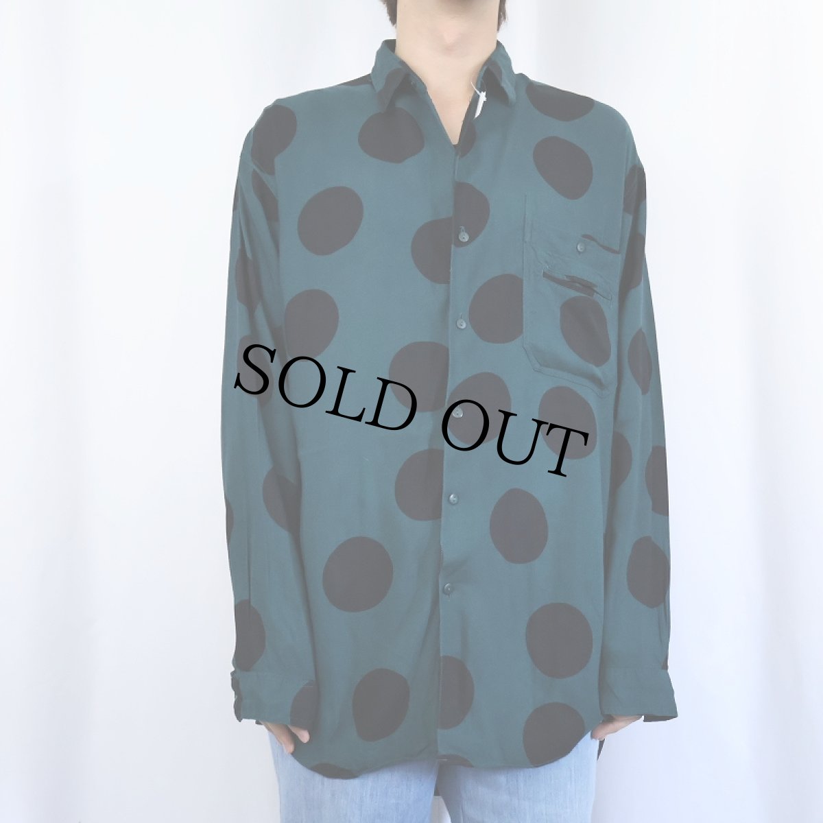 画像2: 90's〜 INDEX ドット柄 レーヨンシャツ GREEN L (2)