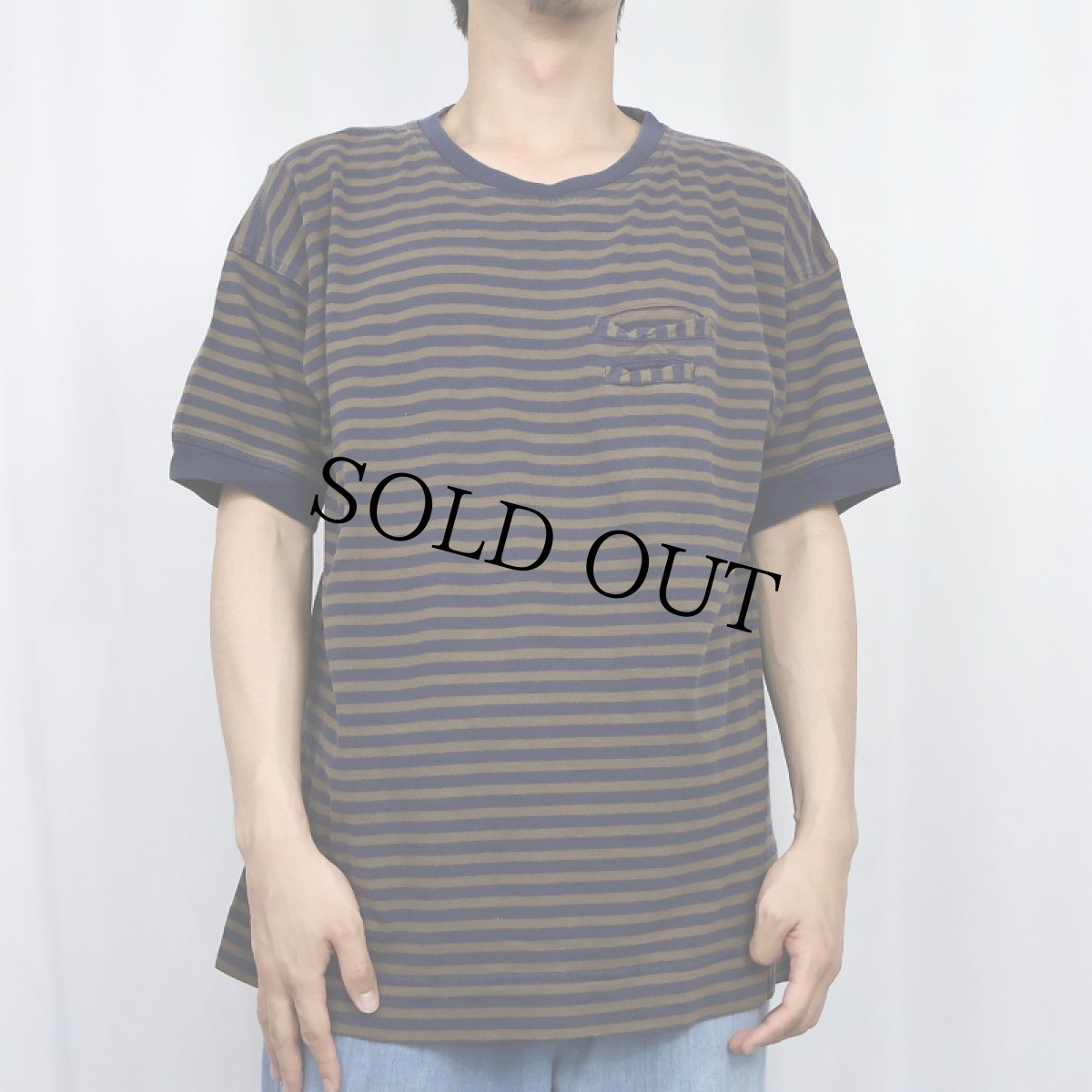 画像2: 2567 ボーダー柄 デザインポケットTシャツ L (2)