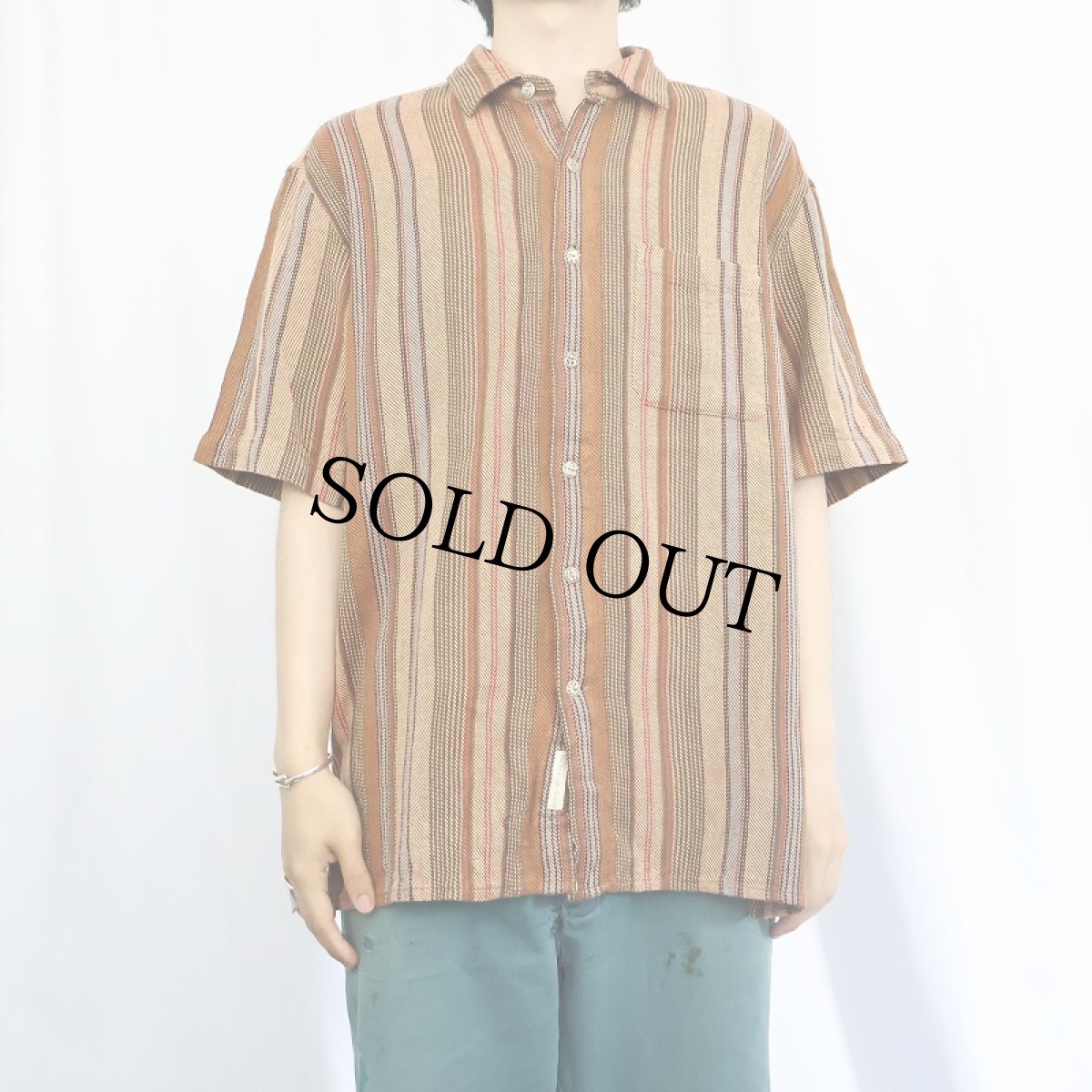 画像2: THE TERRITORY AHEAD マルチストライプ柄 コットンシャツ L (2)