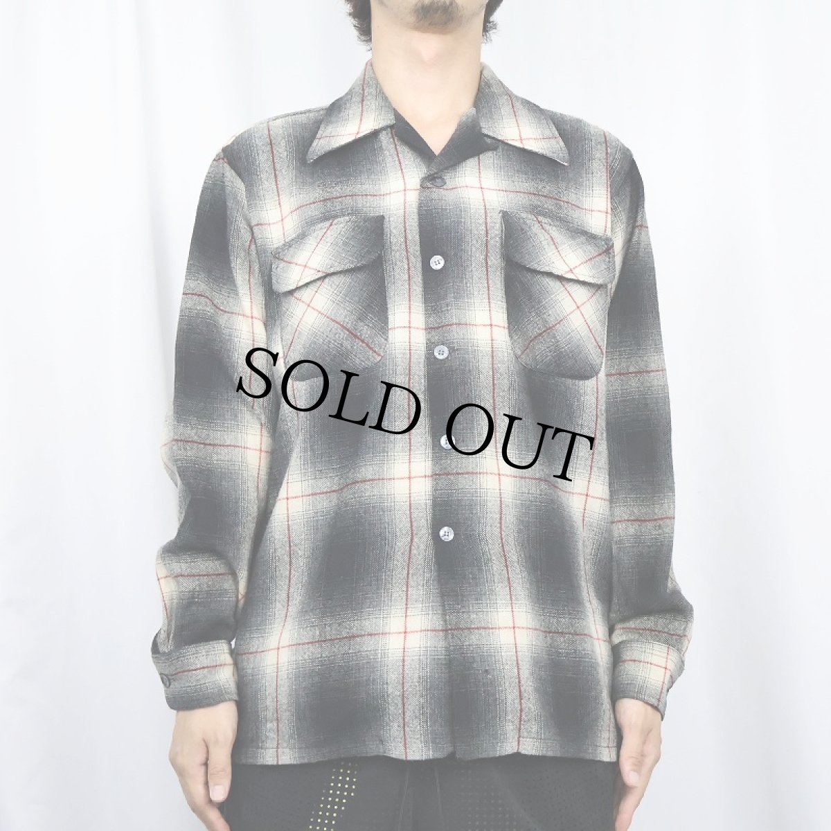 画像2: 70's JCPenney KOREA製 オンブレーチェック柄 ウールオープンカラーシャツ BLACK M (2)