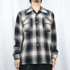 画像2: 70's JCPenney KOREA製 オンブレーチェック柄 ウールオープンカラーシャツ BLACK M (2)