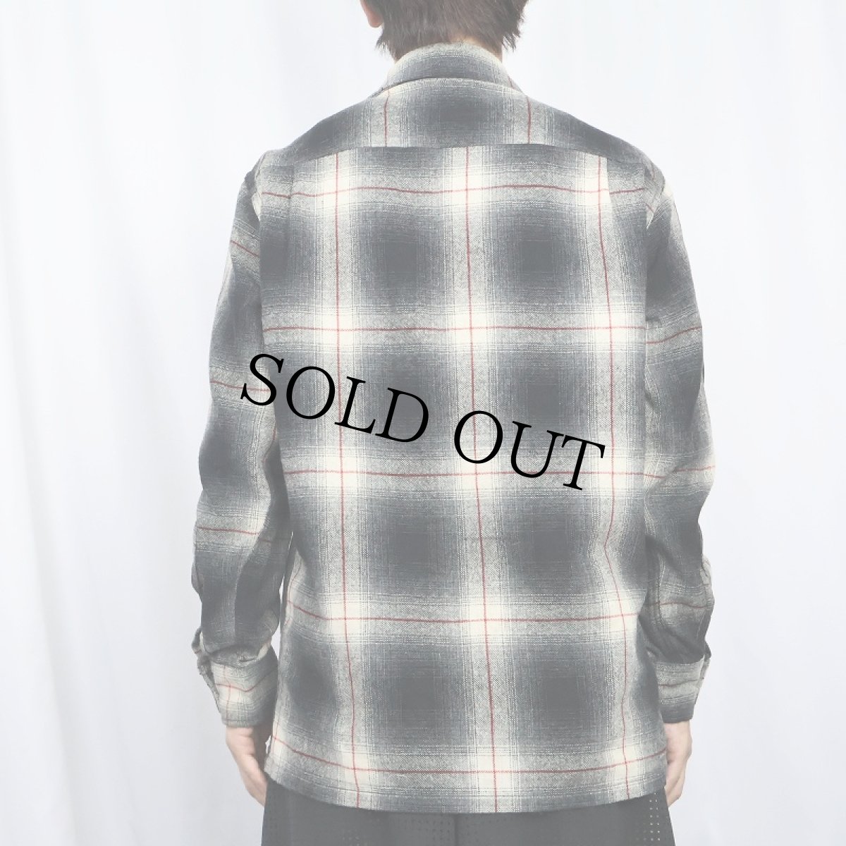 画像3: 70's JCPenney KOREA製 オンブレーチェック柄 ウールオープンカラーシャツ BLACK M (3)