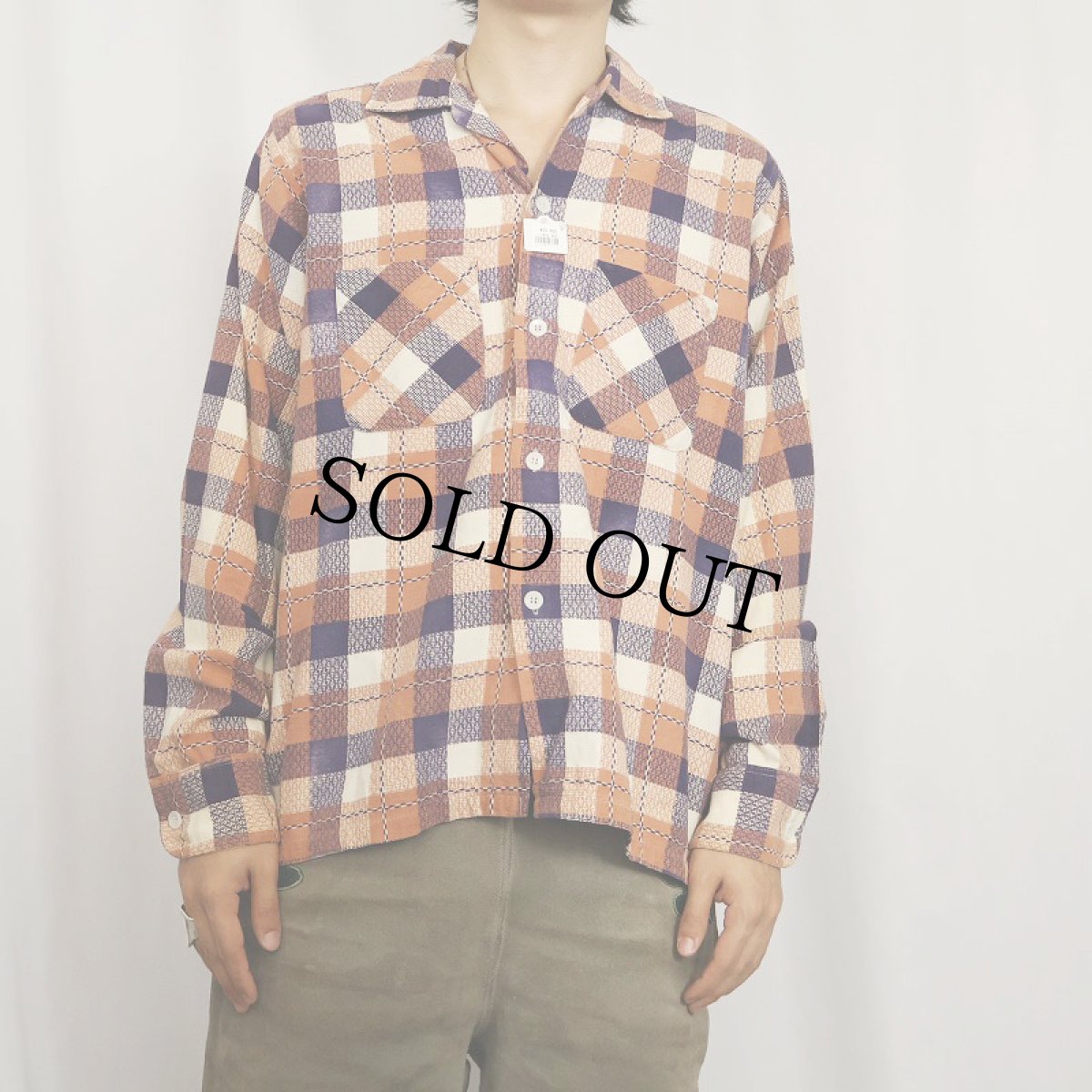 画像2: 50~60's Pilgrim チェック柄 オープンカラー プリントネルシャツ SIZE15-15 1/2 (2)