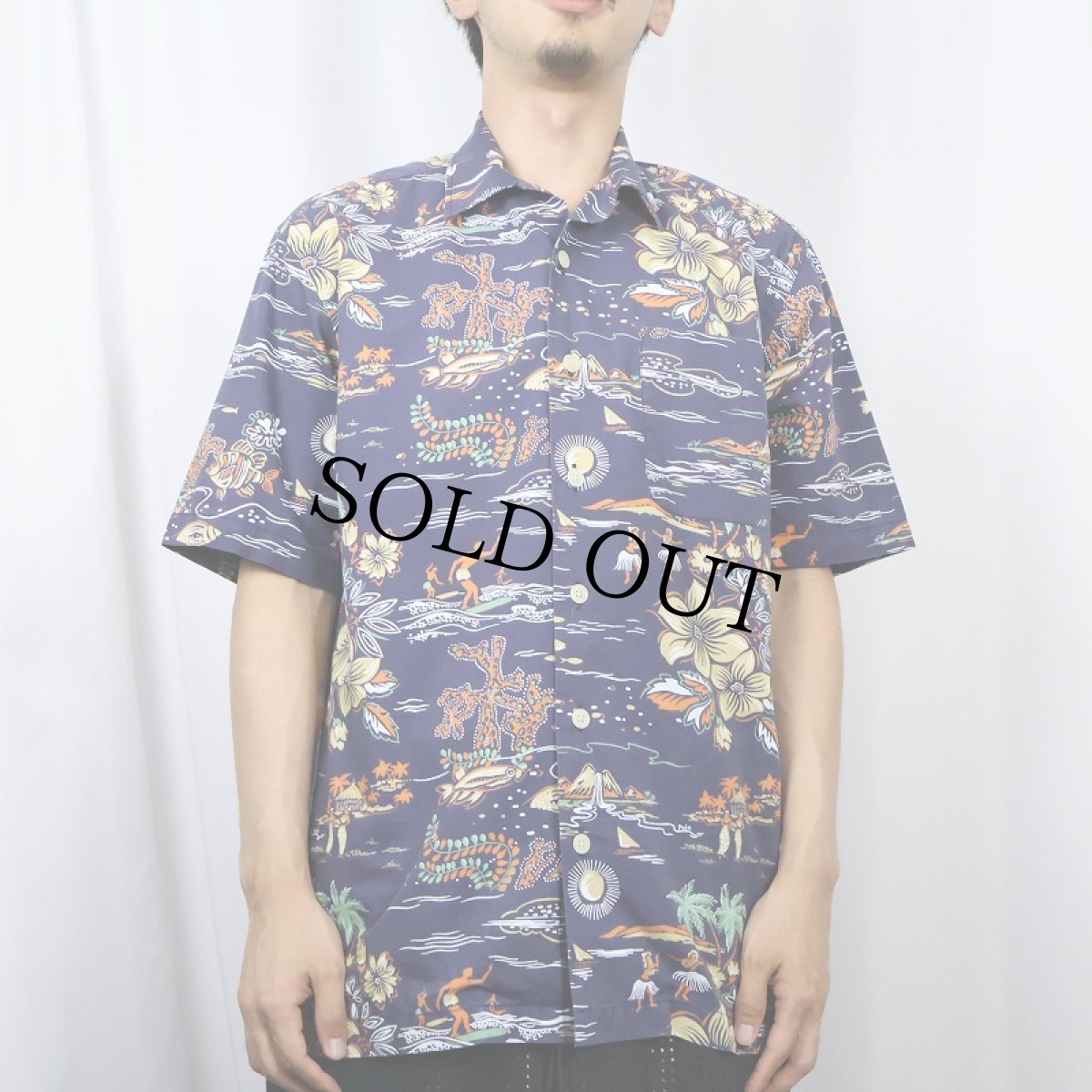 画像2: 90's POLO SPORT Ralph Lauren オールオーバーパターン コットンアロハシャツ NAVY S (2)