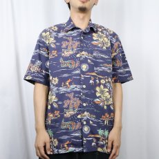 画像2: 90's POLO SPORT Ralph Lauren オールオーバーパターン コットンアロハシャツ NAVY S (2)