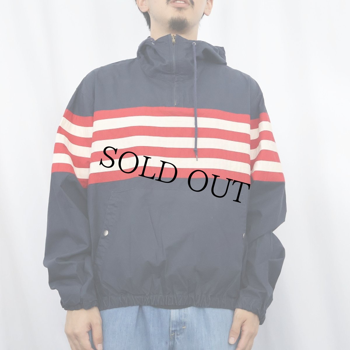 画像2: POLO Ralph Lauren ボーダー切り替え コットンアノラックパーカー NAVY M (2)