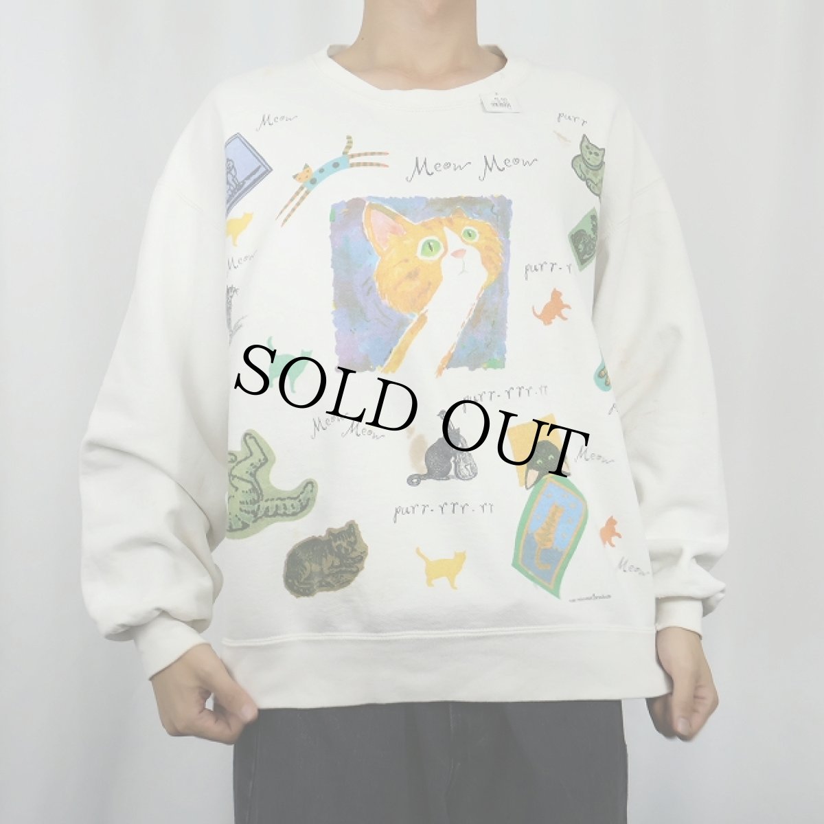 画像2: 90's rel-e-vant products USA製 猫プリントスウェット L (2)