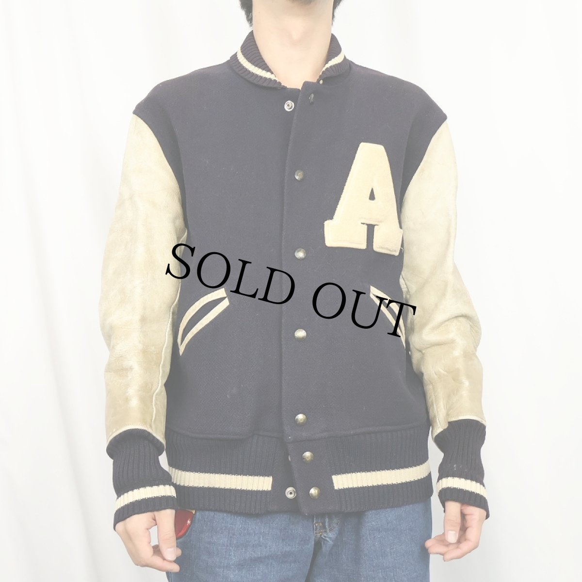 画像2: 50's H.L.Whiting Co. USA製 パッチ付き レザー×メルトンウールスタジャン NAVY SIZE44 (2)