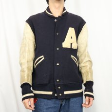 画像2: 50's H.L.Whiting Co. USA製 パッチ付き レザー×メルトンウールスタジャン NAVY SIZE44 (2)