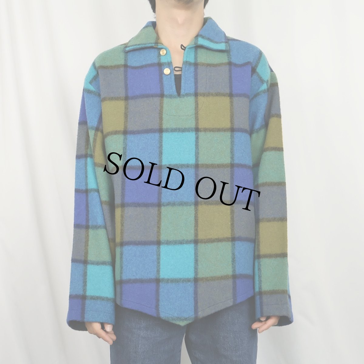 画像2: 60's〜 PINE CREST ブロックチェック柄 ウールプルオーバーシャツ L (2)